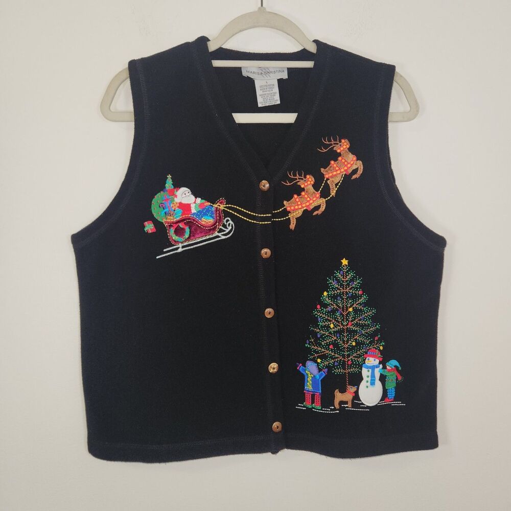 Vintage Marisa Christina Embroidered Christmas Fleece Vest Santa Sleigh LARGE